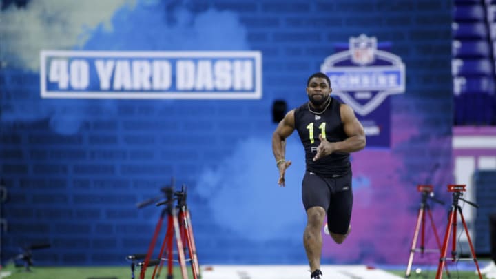 INDIANAPOLIS, IN - FEBRUARY 28: Running back Clyde Edwards-Helaire of LSU runs the 40-yard dash during the NFL Combine at Lucas Oil Stadium on February 28, 2020 in Indianapolis, Indiana. (Photo by Joe Robbins/Getty Images)