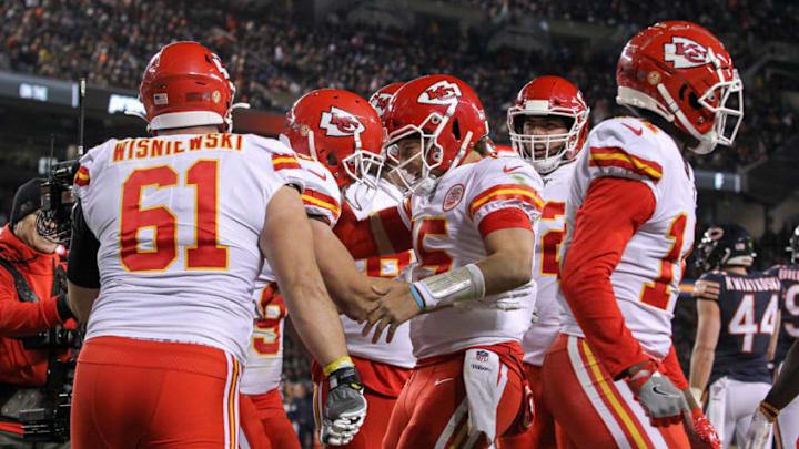 Tight end Travis Kelce #87 of the Kansas City Chiefs celebrates his touchdown with teammates (Photo by Dylan Buell/Getty Images)