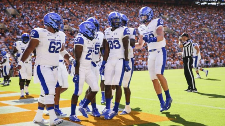 KNOXVILLE, TENNESSEE - AUGUST 31: Cornelius McCoy #83 of the Georgia State Panthers celebrates in the end-zone with his teammates after scoring a touchdown against the Tennessee Volunteers during the second quarter of the season opener at Neyland Stadium on August 31, 2019 in Knoxville, Tennessee. (Photo by Silas Walker/Getty Images)