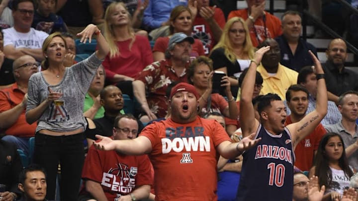 LAS VEGAS, NV - MARCH 14: Arizona Wildcats fans react during the championship game of the Pac-12 Basketball Tournament against the Oregon Ducks at the MGM Grand Garden Arena on March 14, 2015 in Las Vegas, Nevada. Arizona won 80-52. (Photo by Ethan Miller/Getty Images)