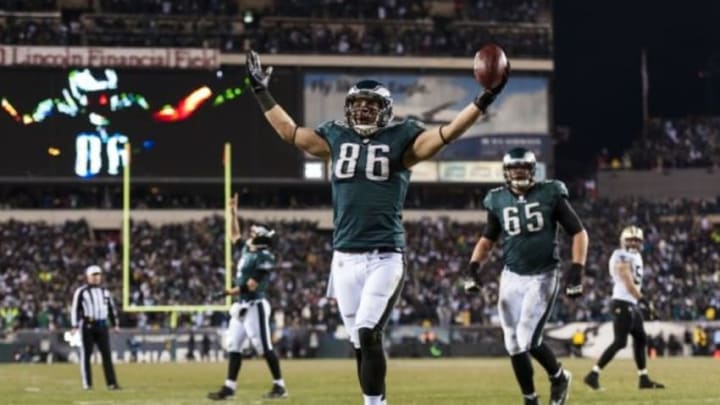 Jan 4, 2014; Philadelphia, PA, USA; Philadelphia Eagles tight end Zach Ertz (86) celebrates scoring a touchdown pass from Nick Foles during the fourth quarter against the New Orleans Saints during the 2013 NFC wild card playoff football game at Lincoln Financial Field. The Saints defeated the Eagles 26-24. Mandatory Credit: Howard Smith-USA TODAY Sports