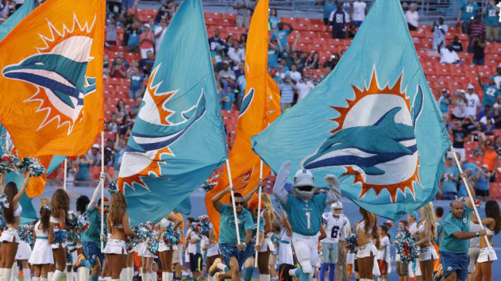 MIAMI GARDENS, FL - AUGUST 23: Miami Dolphins cheerleaders, flag bearers and the Dolphins' mascot celebrate as their team runs onto the field before meeting the Dallas Cowboys in a preseason game at Sun Life Stadium on August 23, 2014 in Miami Gardens, Florida. (Photo by Rob Foldy/Getty Images)