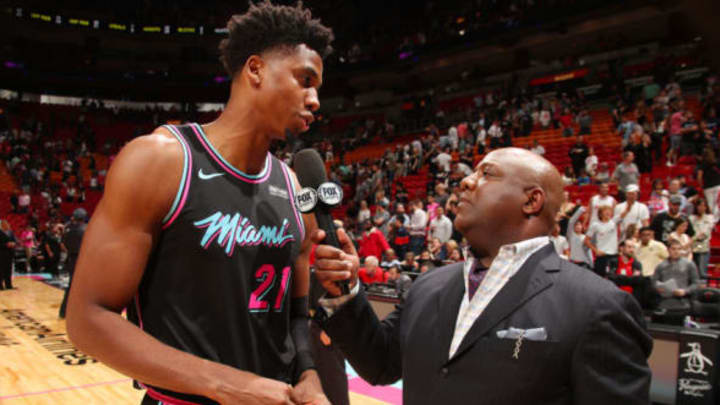 MIAMI, FL – JANUARY 4: Hassan Whiteside #21 of the Miami Heat speaks with the media after the game against the Washington Wizards on January 4, 2019 at American Airlines Arena in Miami, Florida. NOTE TO USER: User expressly acknowledges and agrees that, by downloading and or using this Photograph, user is consenting to the terms and conditions of the Getty Images License Agreement. Mandatory Copyright Notice: Copyright 2019 NBAE (Photo by Issac Baldizon/NBAE via Getty Images)