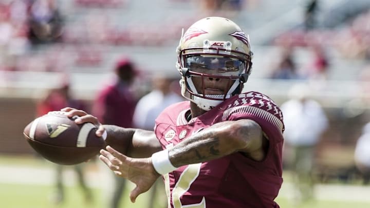 Sep 10, 2016, in Tallahassee, FL, USA; Florida State Seminoles quarterback Deondre Francois (12) warms up prior to the game against Charleston Southern at Doak Campbell Stadium. Mandatory Credit: Glenn Beil-USA TODAY Sports