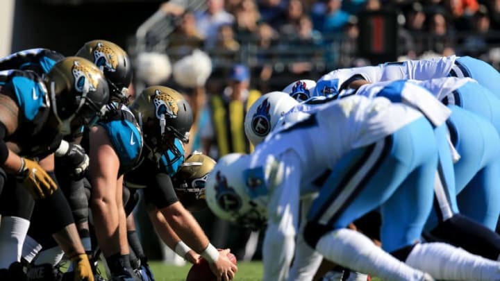 JACKSONVILLE, FL - DECEMBER 24: The Jacksonville Jaguars and Tennessee Titans line up during the first half of the game at EverBank Field on December 24, 2016 in Jacksonville, Florida. (Photo by Rob Foldy/Getty Images)