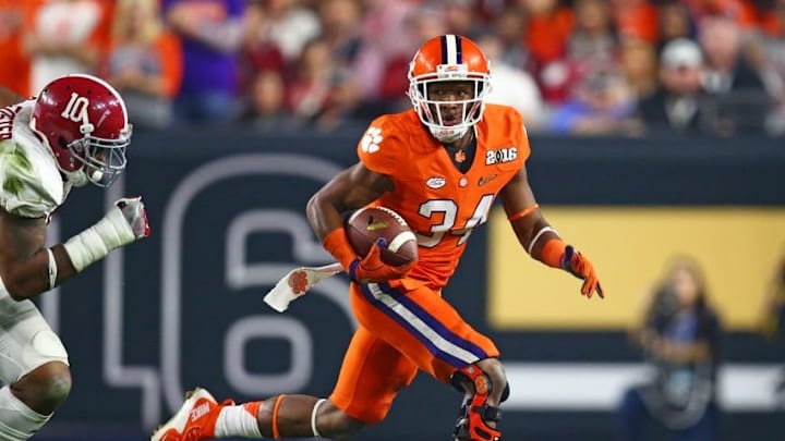Jan 11, 2016; Glendale, AZ, USA; Clemson Tigers wide receiver Ray-Ray McCloud (34) against the Alabama Crimson Tide in the 2016 CFP National Championship at University of Phoenix Stadium. Mandatory Credit: Mark J. Rebilas-USA TODAY Sports