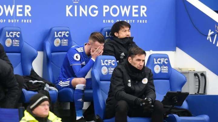 LEICESTER, ENGLAND - FEBRUARY 03: James Maddison of Leicester City reacts on the bench after he is substituted during the Premier League match between Leicester City and Manchester United at The King Power Stadium on February 3, 2019 in Leicester, United Kingdom. (Photo by Michael Regan/Getty Images)
