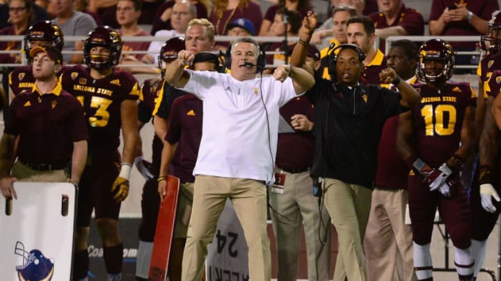 TEMPE, AZ - SEPTEMBER 24: Head coach Todd Graham of the Arizona State Sun Devils reacts on the sidelines in the game against the California Golden Bears at Sun Devil Stadium on September 24, 2016 in Tempe, Arizona. The Arizona State Sun Devils won 51-41. (Photo by Jennifer Stewart/Getty Images)