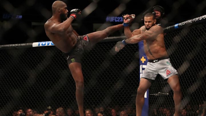 LAS VEGAS, NV - JULY 06: Jon Jones kicks Thiago Silva of Brazil in their UFC light heavyweight championship fight during the UFC 239 event at T-Mobile Arena on July 6, 2019 in Las Vegas, Nevada. (Photo by Christian Petersen/Zuffa LLC/Zuffa LLC)