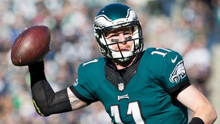 Jan 1, 2017; Philadelphia, PA, USA; Philadelphia Eagles quarterback Carson Wentz (11) drops back to pass against the Dallas Cowboys at Lincoln Financial Field. The Philadelphia Eagles won 27-13. Mandatory Credit: Bill Streicher-USA TODAY Sports