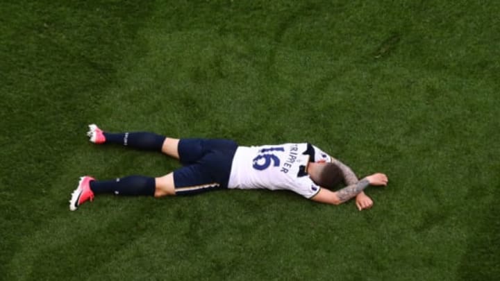 LONDON, ENGLAND – MAY 14: Kieran Trippier of Tottenham Hotspur reacts during the Premier League match between Tottenham Hotspur and Manchester United at White Hart Lane on May 14, 2017 in London, England. Tottenham Hotspur are playing their last ever home match at White Hart Lane after their 112 year stay at the stadium. Spurs will play at Wembley Stadium next season with a move to a newly built stadium for the 2018-19 campaign. (Photo by Clive Rose/Getty Images)