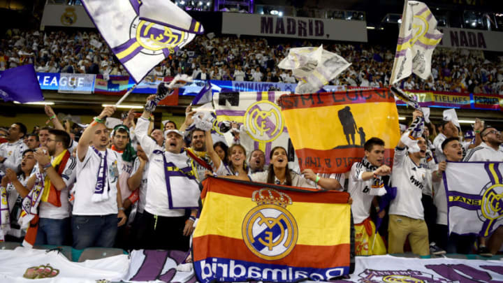 CARDIFF, WALES - JUNE 03: Real Madrid fans display banners and flags prior to the UEFA Champions League Final between Juventus and Real Madrid at National Stadium of Wales on June 3, 2017 in Cardiff, Wales. (Photo by Laurence Griffiths/Getty Images)