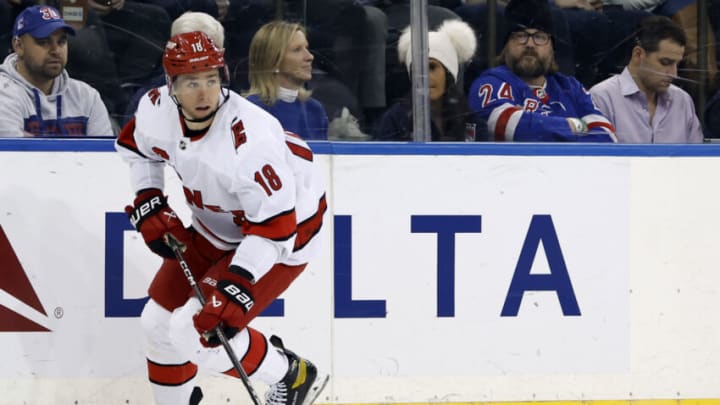 NEW YORK, NEW YORK - MARCH 21: Jack Drury #18 of the Carolina Hurricanes controls the puck during the first period against the New York Rangers at Madison Square Garden on March 21, 2023 in New York City. (Photo by Sarah Stier/Getty Images)