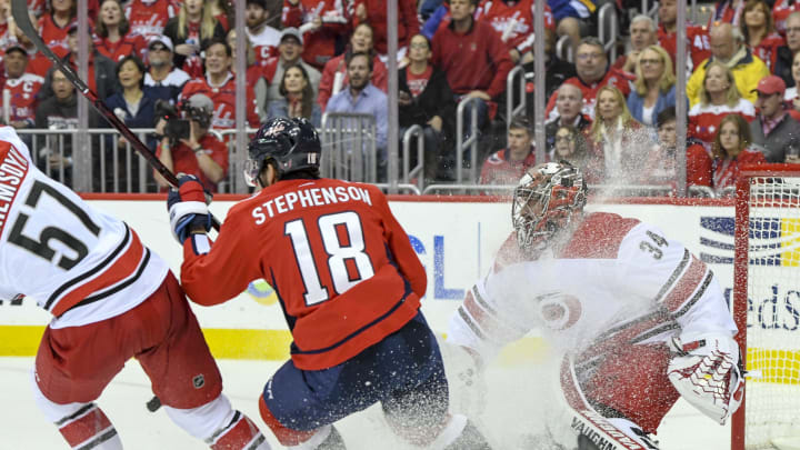 WASHINGTON, DC – APRIL 20: Washington Capitals center Chandler Stephenson (18) stops short of Carolina Hurricanes goaltender Petr Mrazek (34) in the first period on April 20, 2019, at the Capital One Arena in Washington, D.C. in the first round of the Stanley Cup Playoffs. (Photo by Mark Goldman/Icon Sportswire via Getty Images)