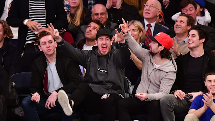 NEW YORK, NY – JANUARY 10: Jimmy Vessey, Kevin Hayes, Mats Zuccarello and Brady Skjei attend the New York Knicks Vs Chicago Bulls game at Madison Square Garden on January 10, 2018 in New York City. (Photo by James Devaney/Getty Images)