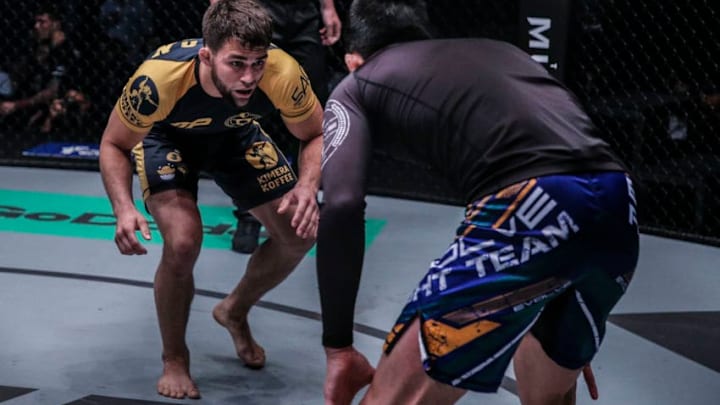 SINGAPORE - MAY 26: Garry Tonon and Shinya Aoki during their Grappling Super-Match at ONE Championship: Dynasty of Heroes at the Singapore Indoor Stadium on May 26, 2017 in Singapore (Photo by Dux Carvajal/ONE Championship/Getty Images)