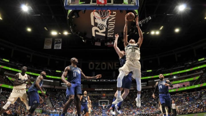 ORLANDO, FL -FEBRUARY 10: Giannis Antetokounmpo #34 of the Milwaukee Bucks drives to the basket against the Orlando Magic on February 10 2018 at Amway Center in Orlando, Florida. NOTE TO USER: User expressly acknowledges and agrees that, by downloading and or using this photograph, User is consenting to the terms and conditions of the Getty Images License Agreement. Mandatory Copyright Notice: Copyright 2018 NBAE (Photo by Fernando Medina/NBAE via Getty Images)