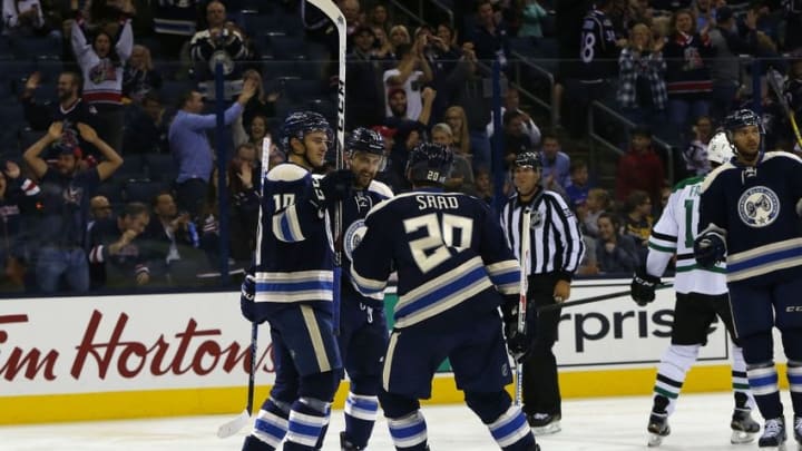 Nov 1, 2016; Columbus, OH, USA; Columbus Blue Jackets left wing Nick Foligno (71) celebrates a goal against the Dallas Stars during the second period at Nationwide Arena. Mandatory Credit: Russell LaBounty-USA TODAY Sports