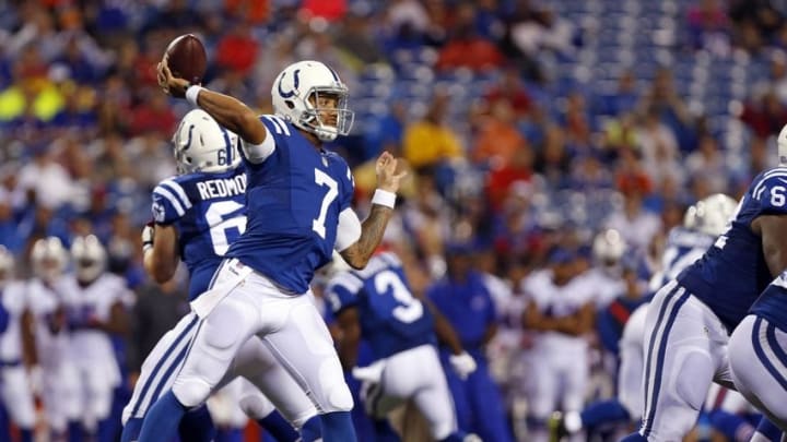 Aug 13, 2016; Orchard Park, NY, USA; Indianapolis Colts quarterback Stephen Morris (7) throws a pass during the second half against the Buffalo Bills at Ralph Wilson Stadium. Colts beat the Bills 19-18. Mandatory Credit: Kevin Hoffman-USA TODAY Sports