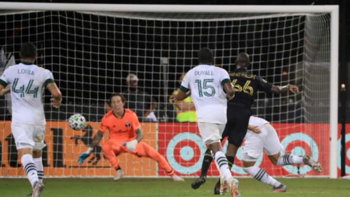 REUNION, FLORIDA – JULY 23: Bradley Wright-Phillips #66 of Los Angeles FC scores the opening goal of his team to tie the match 1-1 against Portland Timbers as part of Group F of MLS Is Back Tournament at ESPN Wide World of Sports Complex on July 23, 2020 in Reunion, Florida. (Photo by Sam Greenwood/Getty Images)