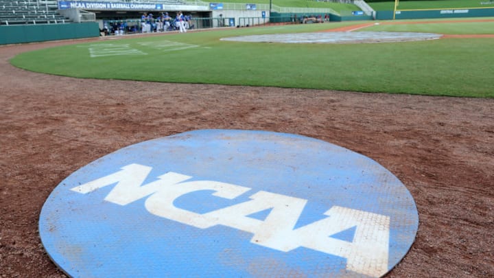 31 May 2016: NCAA logoed on deck circle. The Nova Southeastern University Sharks played the Lander University Bearcats in Game 8 of the 2016 NCAA Division II College World Series at Coleman Field at the USA Baseball National Training Complex in Cary, North Carolina. Nova Southeastern won the game 12-1. (Photograph by Andy Mead/YCJ/Icon Sportswire via Getty Images)