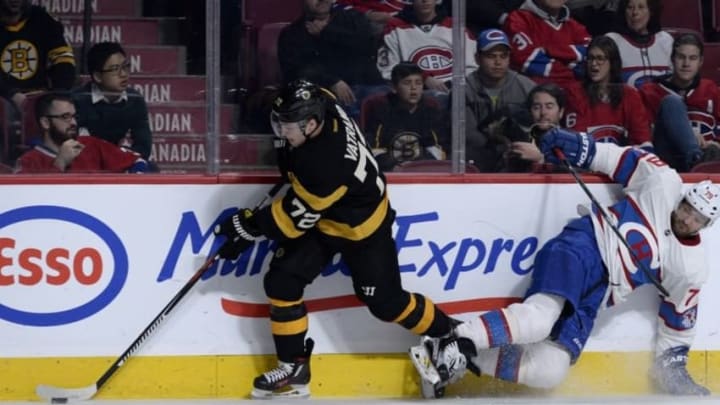 Jan 19, 2016; Montreal, Quebec, CAN; Montreal Canadiens defenseman Andrei Markov (79) misses his check on Boston Bruins forward Frank Vatrano (72) during the third period at the Bell Centre. Mandatory Credit: Eric Bolte-USA TODAY Sports