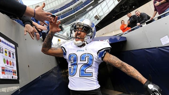 Nov 13, 2011; Chicago, IL, USA; Detroit Lions defensive back Aaron Berry (32) reacts after taking the field against the Chicago Bears at Soldier Field. Mandatory Credit: Mike DiNovo-USA TODAY Sports