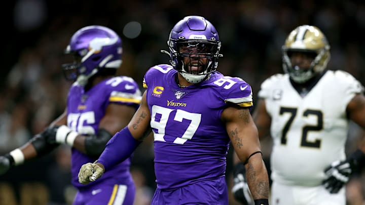 NEW ORLEANS, LOUISIANA – JANUARY 05: Everson Griffen #97 of the Minnesota Vikings reacts during the NFC Wild Card Playoff game against the New Orleans Saints at Mercedes Benz Superdome on January 05, 2020 in New Orleans, Louisiana. (Photo by Sean Gardner/Getty Images)