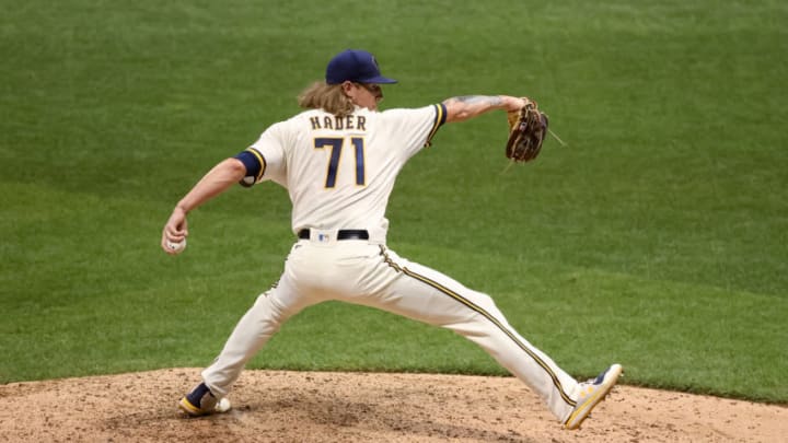 MILWAUKEE, WISCONSIN - AUGUST 31: Josh Hader #71 of the Milwaukee Brewers pitches in the ninth inning against the Pittsburgh Pirates at Miller Park on August 31, 2020 in Milwaukee, Wisconsin. (Photo by Dylan Buell/Getty Images)