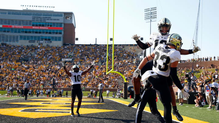 COLUMBIA, MO – SEPTEMBER 16: Wide receiver Jackson Anthrop #33 of the Purdue Boilermakers celebrates with teammates after making a catch for a touchdown during the 1st half of the game against the Missouri Tigers at Faurot Field/Memorial Stadium on September 16, 2017 in Columbia, Missouri. (Photo by Jamie Squire/Getty Images)