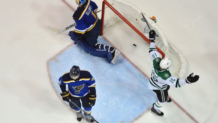 May 5, 2016; St. Louis, MO, USA; Dallas Stars left wing Patrick Sharp (10) celebrates after the game winning goal scored by Cody Eakin (not pictured) against St. Louis Blues goalie Brian Elliott (1) during the overtime period in game four of the second round of the 2016 Stanley Cup Playoffs at Scottrade Center. The Dallas Stars defeat the St. Louis Blues 3-2. Mandatory Credit: Jasen Vinlove-USA TODAY Sports