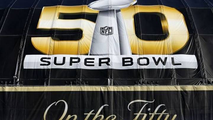 Feb 2, 2016; Santa Clara, CA, USA; A view of the Super Bowl 50 logo on a tent outside of Levi Feb 2, 2016; Santa Clara, CA, USA; A view of the Super Bowl 50 logo on a tent outside of Levi