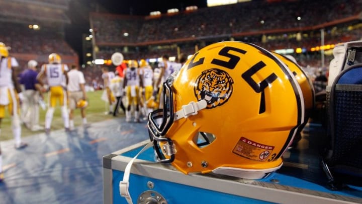 Oct 11, 2014; Gainesville, FL, USA; LSU Tigers helmet lays on the sidelines against the Florida Gators during the second half at Ben Hill Griffin Stadium. LSU Tigers defeated the Florida Gators 30-27. Mandatory Credit: Kim Klement-USA TODAY Sports