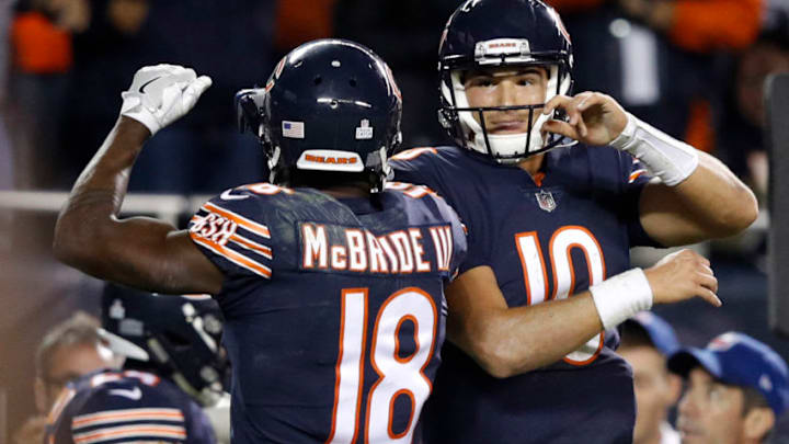 CHICAGO, IL - OCTOBER 09: Quarterback Mitchell Trubisky No. 10 and Tre McBride No. 18 of the Chicago Bears celebrate after scoring a touchdown against the Minnesota Vikings in the fourth quarter at Soldier Field on October 9, 2017 in Chicago, Illinois. The Minnesota Vikings defeated the Chicago Bears 20-17. (Photo by Joe Robbins/Getty Images)
