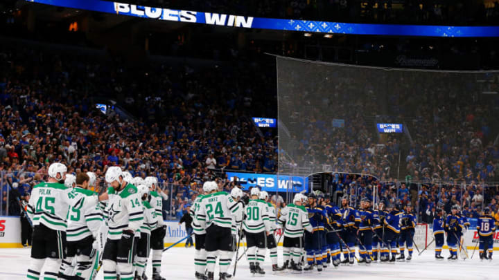 ST. LOUIS, MO - MAY 7: Members of the Dallas Stars and the St. Louis Blues line-up to shake hands after the Blues beat the Stars in double overtime in Game Seven of the Western Conference Second Round during the 2019 NHL Stanley Cup Playoffs at the Enterprise Center on May 7, 2019 in St. Louis, Missouri. (Photo by Dilip Vishwanat/Getty Images)