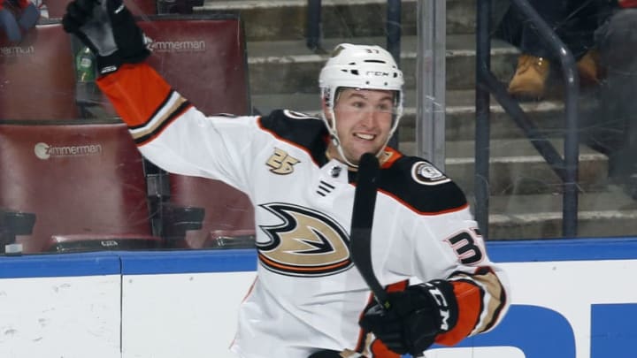 SUNRISE, FL - NOVEMBER 28: Nick Ritchie #37 of the Anaheim Ducks celebrates after scoring the game winning goal against the Florida Panthers at the BB&T Center on November 28, 2018 in Sunrise, Florida. The ducks defeated the Panthers 3-2. (Photo by Joel Auerbach/Icon Sportswire via Getty Images)