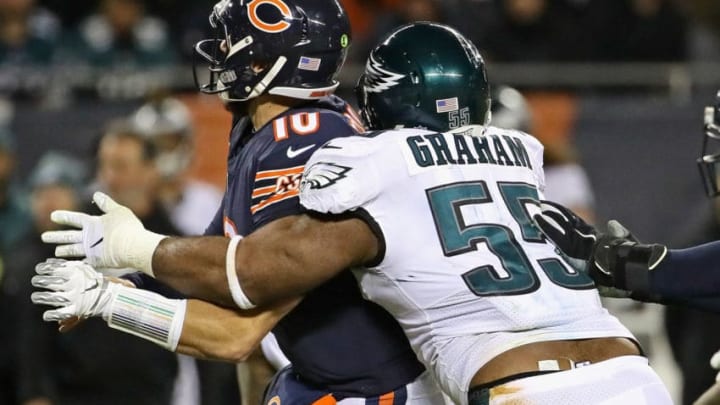 CHICAGO, IL - JANUARY 06: Brandon Graham #55 of the Philadelphia Eagles hits Mitchell Trubisky #10 of the Chicago Bears during an NFC Wild Card playoff game at Soldier Field on January 6, 2019 in Chicago, Illinois. The Eagles defeated the Bears 16-15. (Photo by Jonathan Daniel/Getty Images)