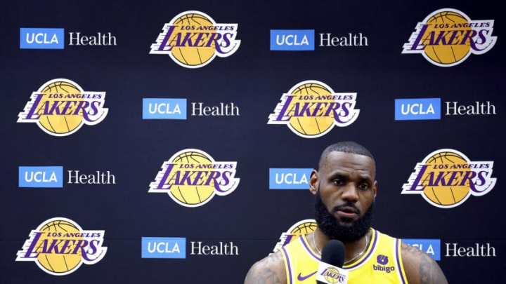 EL SEGUNDO, CALIFORNIA - OCTOBER 02: LeBron James #23 of the Los Angeles Lakers speaks with the media during Los Angeles Lakers media day at UCLA Health Training Center on October 02, 2023 in El Segundo, California. NOTE TO USER: User expressly acknowledges and agrees that, by downloading and/or using this photograph, user is consenting to the terms and conditions of the Getty Images License Agreement. (Photo by Ronald Martinez/Getty Images)