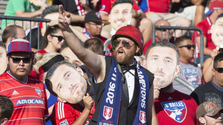 Oct 16, 2016; Dallas, TX, USA; FC Dallas fan cheers before the match against the Seattle Sounders at Toyota Stadium. FC Dallas won 2-1. Mandatory Credit: Tim Heitman-USA TODAY Sports