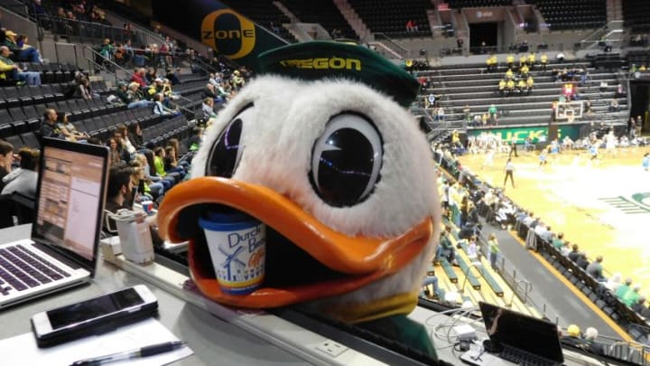 The Oregon Duck at an Oregon Women's Basketball game this season helping to promote Dutch Brothers CoffeeJustin Phillips/KPNW Sports