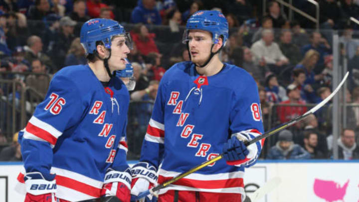 NEW YORK, NY – MARCH 03: Pavel Buchnevich #89 and Brady Skjei #76 of the New York Rangers talk during a break in the action against the Washington Capitals at Madison Square Garden on March 3, 2019 in New York City. (Photo by Jared Silber/NHLI via Getty Images)