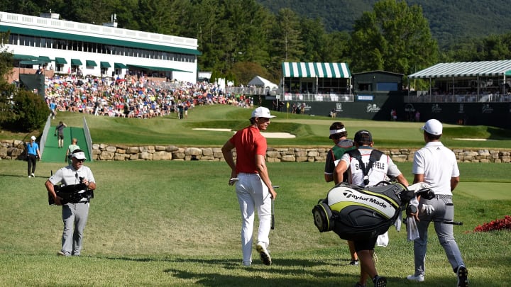 WHITE SULPHUR SPRINGS, WV – JULY 09: Xander Schauffele and Jamie Lovemark walk the 18th hole during the final round of The Greenbrier Classic held at the Old White TPC on July 9, 2017 in White Sulphur Springs, West Virginia. (Photo by Jared C. Tilton/Getty Images)