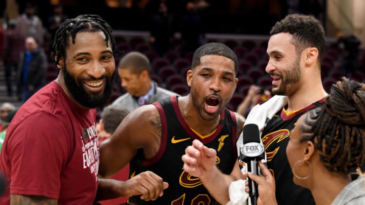 Cleveland Cavaliers big men Andre Drummond (left), Tristan Thompson (center) and Larry Nance Jr. celebrate a victory over the Atlanta Hawks during a post-game interview. (Photo by Jason Miller/Getty Images)