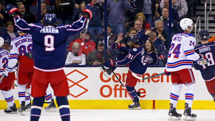 COLUMBUS, OH - JANUARY 13: Anthony Duclair #91 of the Columbus Blue Jackets celebrates after scoring a goal during the first period of the game against the New York Rangers on January 13, 2019 at Nationwide Arena in Columbus, Ohio. (Photo by Kirk Irwin/Getty Images)