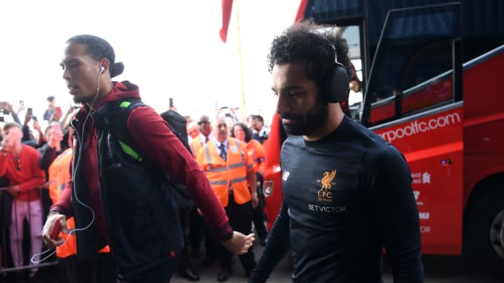 WEST BROMWICH, ENGLAND - APRIL 21: Virgil van Dijk of Liverpool and Mohamed Salah of Liverpool arrive at the stadium prior to the Premier League match between West Bromwich Albion and Liverpool at The Hawthorns on April 21, 2018 in West Bromwich, England. (Photo by Laurence Griffiths/Getty Images)