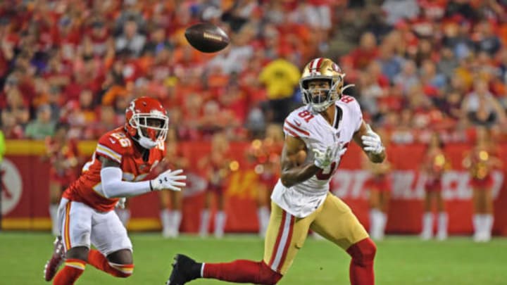 KANSAS CITY, MO – AUGUST 24: Wide receiver Jordan Matthews #81 of the San Francisco 49ers catches a pass against cornerback Mark Fields #26 of the Kansas City Chiefs during the second half of a preseason game at Arrowhead Stadium on August 24, 2019 in Kansas City, Missouri. (Photo by Peter Aiken/Getty Images)