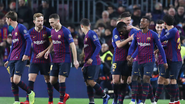 BARCELONA, SPAIN - DECEMBER 11: Ousmane Dembele of Barcelona celebrates after he scores the opening goal during the UEFA Champions League Group B match between FC Barcelona and Tottenham Hotspur at Camp Nou on December 11, 2018 in Barcelona, Spain. (Photo by Ian MacNicol/Getty Images)