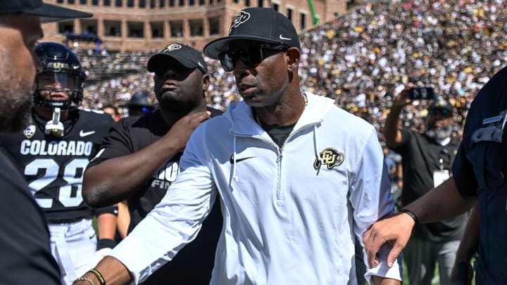 BOULDER, CO – SEPTEMBER 9: Head coach Deion Sanders of the Colorado Buffaloes waits to greet head coach Matt Rhule of the Nebraska Cornhuskers after a game at Folsom Field on September 9, 2023 in Boulder, Colorado. (Photo by Dustin Bradford/Getty Images)