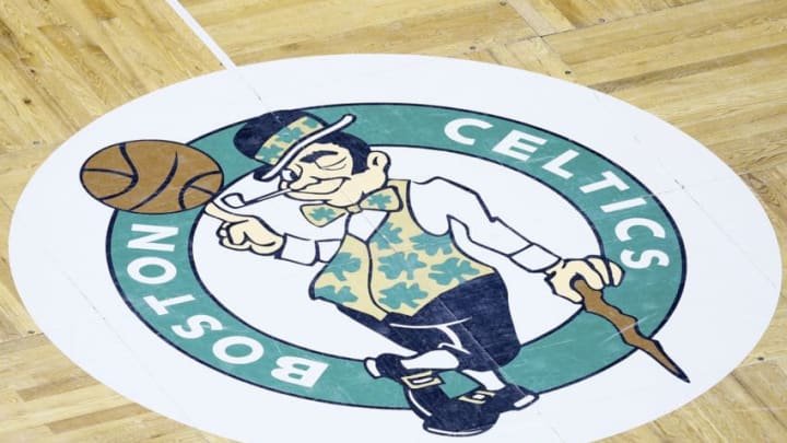 BOSTON, MA - APRIL 26: The Celtics logo is seen on the court during Game Three of the Eastern Conference Quarterfinals of the 2013 NBA Playoffs at TD Garden on April 26, 2013 in Boston, Massachusetts. NOTE TO USER: User expressly acknowledges and agrees that, by downloading and or using this photograph, User is consenting to the terms and conditions of the Getty Images License Agreement. (Photo by Chris Elise/Getty Images)