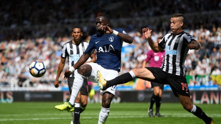 NEWCASTLE UPON TYNE, ENGLAND - AUGUST 13: Moussa Sissoko of Tottenham Hotspur and Florian Lejeune of Newcastle United battle for possession during the Premier League match between Newcastle United and Tottenham Hotspur at St. James Park on August 13, 2017 in Newcastle upon Tyne, England. (Photo by Stu Forster/Getty Images)